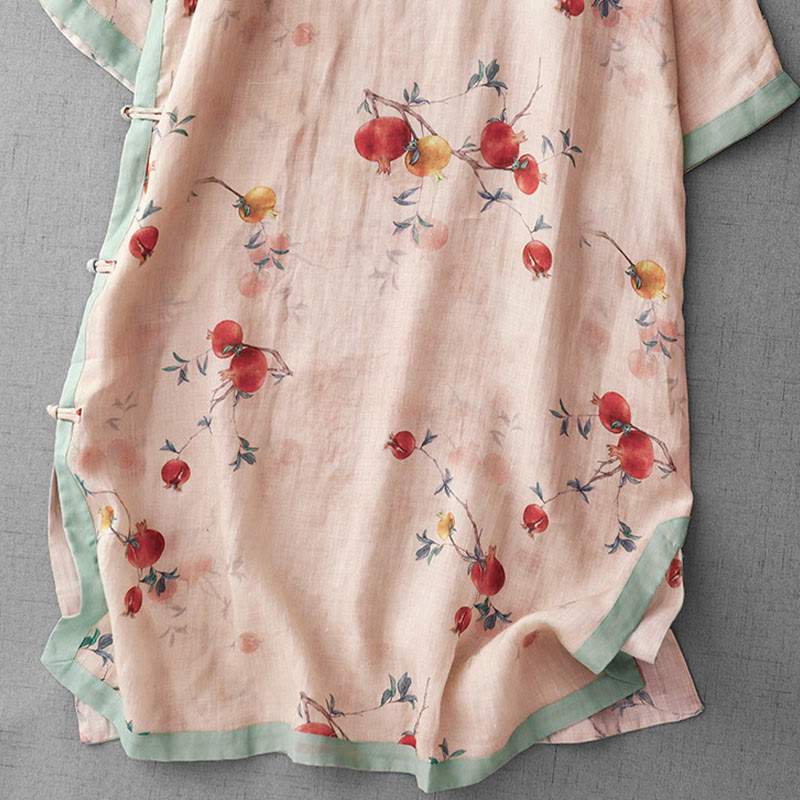 Frog-Button Orchidee Granaatappel Bloemen Patroon Zijslit Ontwerp Halve Mouw Midi Jurk