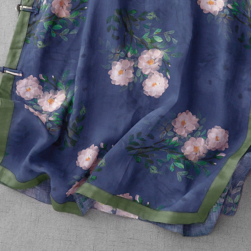 Frog-Button Orchidee Granaatappel Bloemen Patroon Zijslit Ontwerp Halve Mouw Midi Jurk