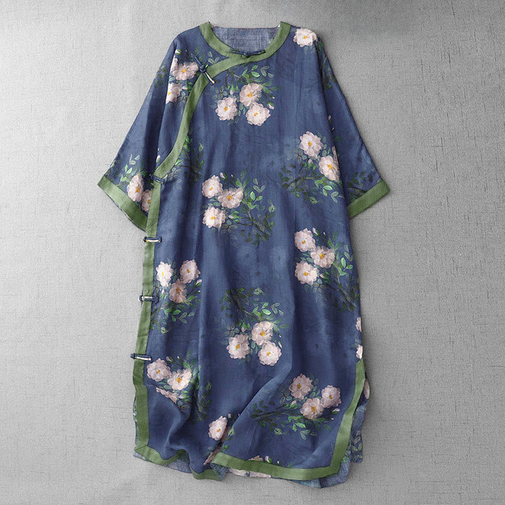 Frog-Button Orchidee Granaatappel Bloemen Patroon Zijslit Ontwerp Halve Mouw Midi Jurk