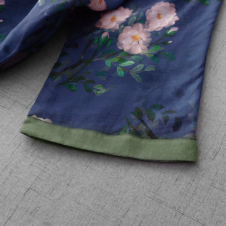 Frog-Button Orchidee Granaatappel Bloemen Patroon Zijslit Ontwerp Halve Mouw Midi Jurk