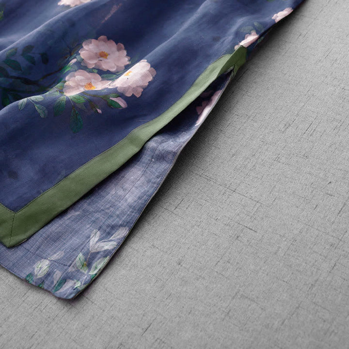 Frog-Button Orchidee Granaatappel Bloemen Patroon Zijslit Ontwerp Halve Mouw Midi Jurk