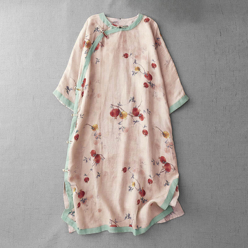 Frog-Button Orchidee Granaatappel Bloemen Patroon Zijslit Ontwerp Halve Mouw Midi Jurk