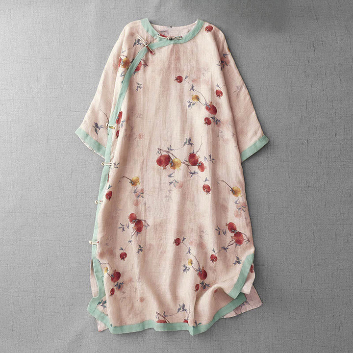 Frog-Button Orchidee Granaatappel Bloemen Patroon Zijslit Ontwerp Halve Mouw Midi Jurk