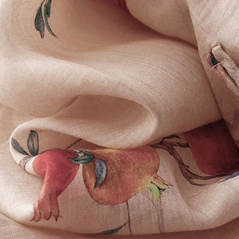 Frog-Button Orchidee Granaatappel Bloemen Patroon Zijslit Ontwerp Halve Mouw Midi Jurk
