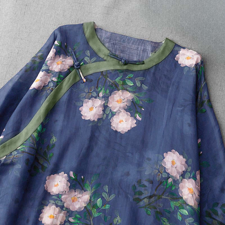 Frog-Button Orchidee Granaatappel Bloemen Patroon Zijslit Ontwerp Halve Mouw Midi Jurk