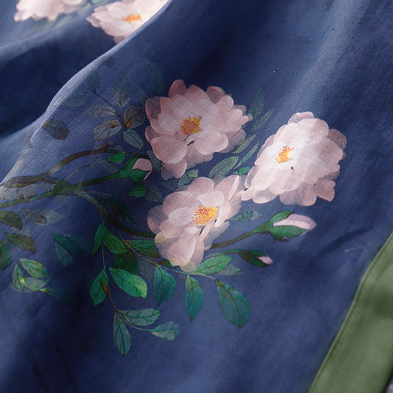 Frog-Button Orchidee Granaatappel Bloemen Patroon Zijslit Ontwerp Halve Mouw Midi Jurk
