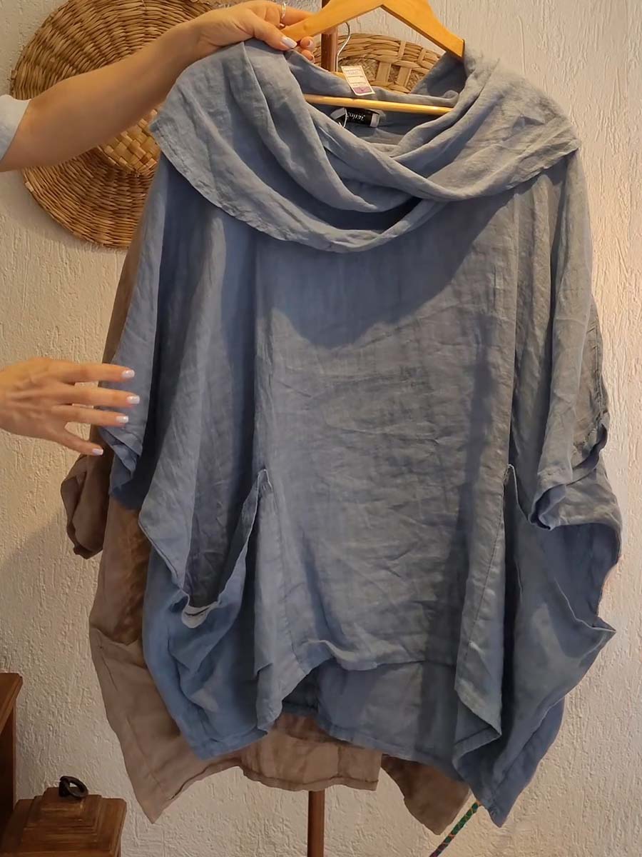 Dames Effen Kleur Gedrapeerde Hals 3/4 Mouw Comfortabele Casual Linnen Zak Top