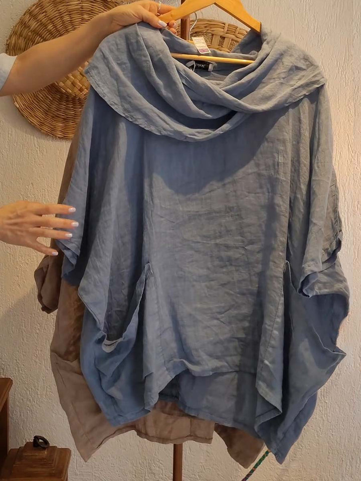 Dames Effen Kleur Gedrapeerde Hals 3/4 Mouw Comfortabele Casual Linnen Zak Top