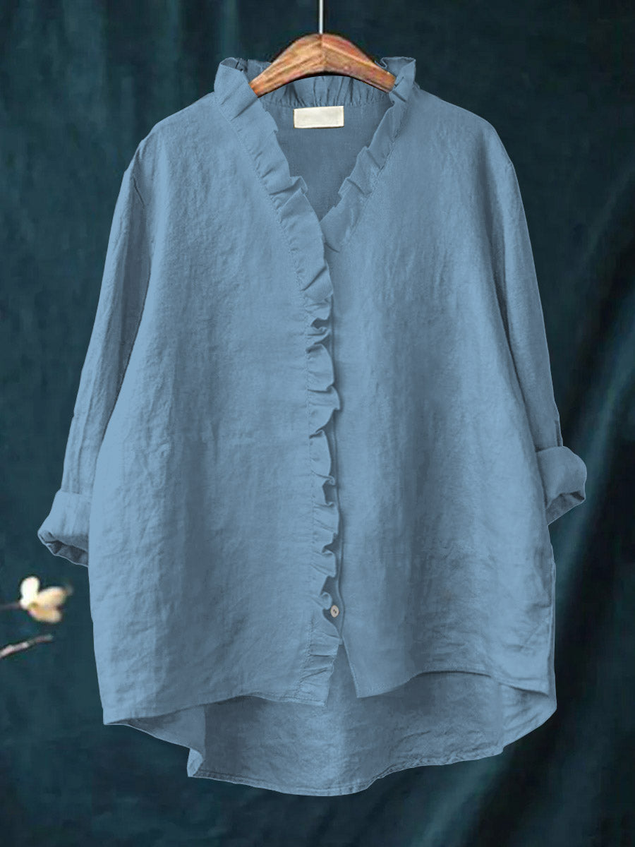 Dames Casual Katoenen En Linnen Ruffle Shirt