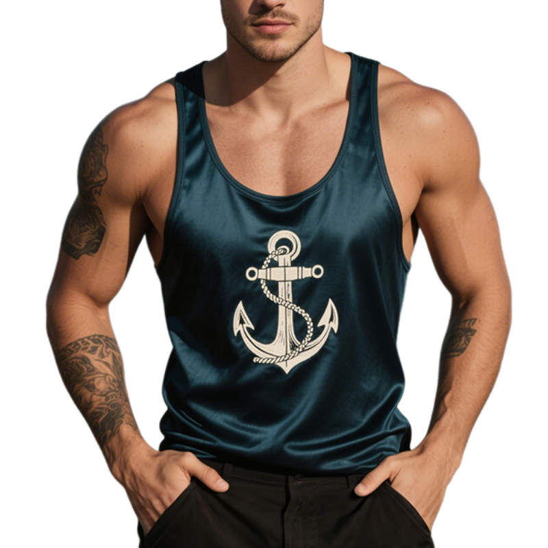 Heren Retro Casual Ankerprint Satijnen tanktop met ronde hals MTA2348E1TO