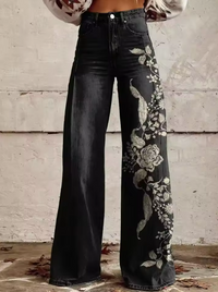 Marla | Noir Bloom Wijd-Pantalon met Borduursel