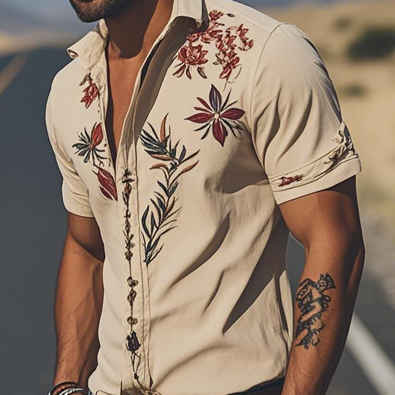 【24-uurs verzending】Heren Lente/Zomer Mode Retro Westerse Stijl Suède Geborduurde Korte Mouw Shirt MTA1533D2K