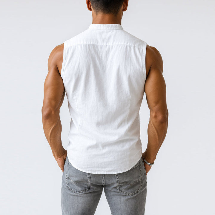 【24-uurs verzending】 Heren Casual Comfort Katoen Staande Kraag Enkelvoudige Knopen Mouwloos Shirt MTA0203D3M