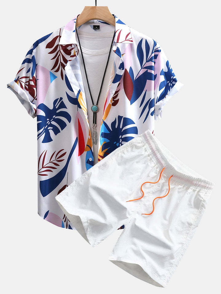 Kleurrijke Bladerprint Doorknoop Shirt & Zwembroek