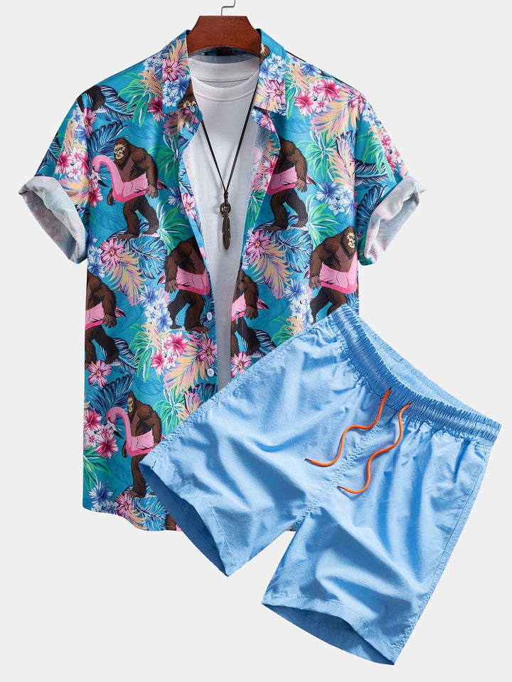 Tropische Planten en Orang-oetan Print Doorknoop Shirt & Zwembroek