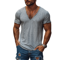 Heren Zomer Casual Gemêleerde Katoenmix V-Hals Ongafwerkte Korte Mouwen T-Shirt MTA0229G9K