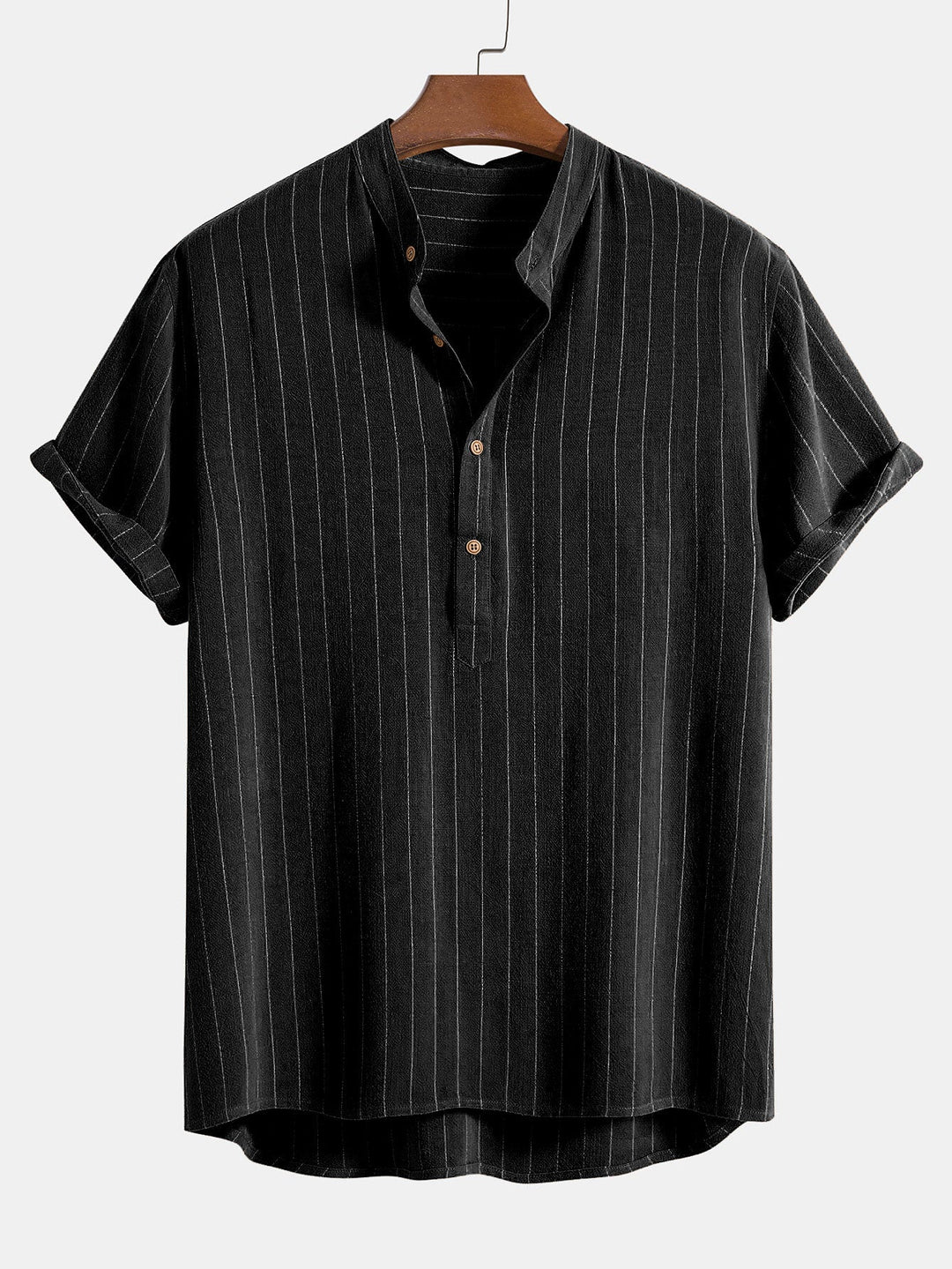 Linnen-mix gestreept overhemd met half open placket en Henley kraag en rechte linnen broek
