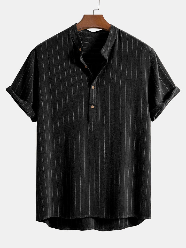 Linnen-mix gestreept overhemd met half open placket en Henley kraag en rechte linnen broek