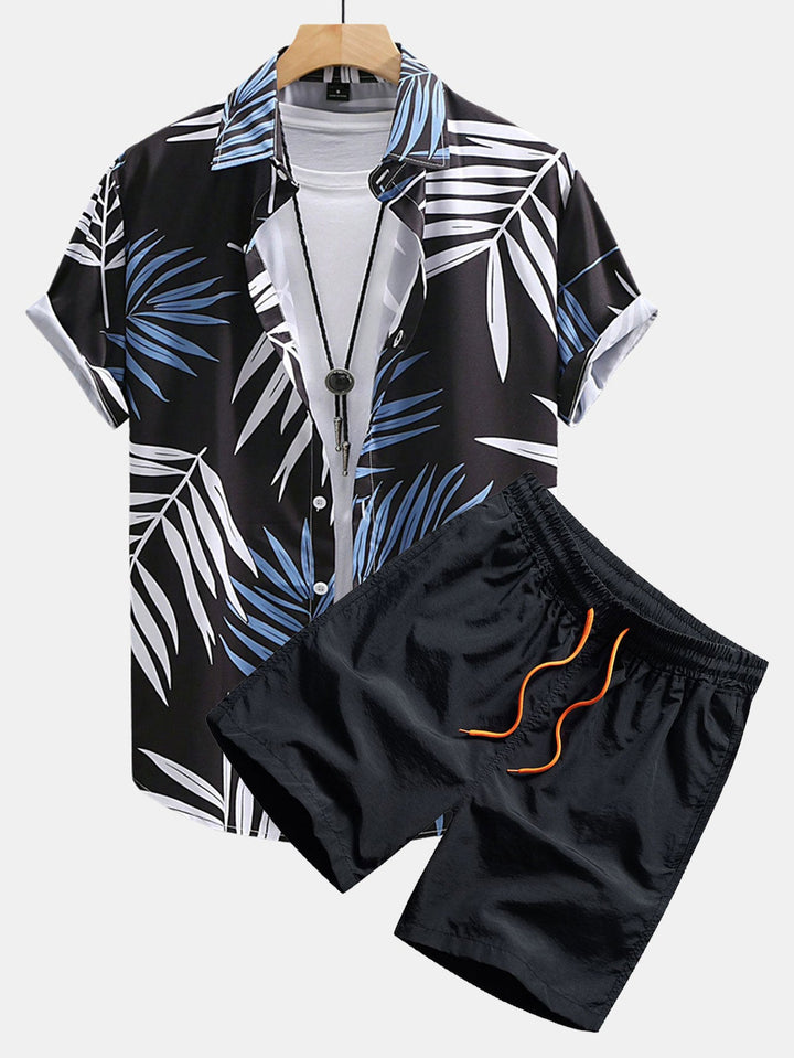 Tropische Bladeren Print Doorknoop Shirt & Zwembroek