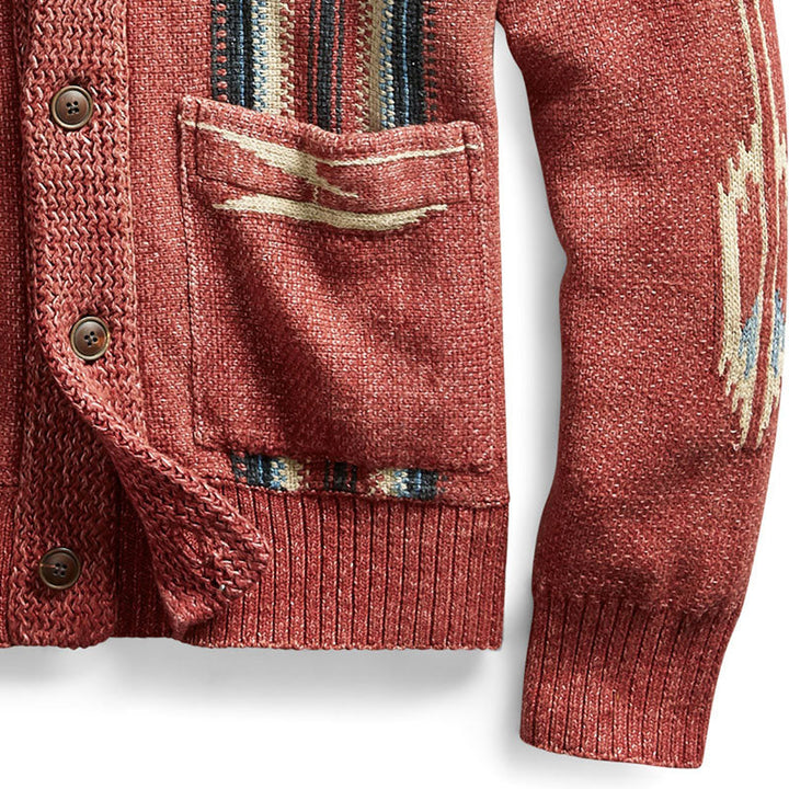 Heren Vintage Jacquard Revers Enkel Breasted Lange Mouw Trui Cardigan 51482095M
