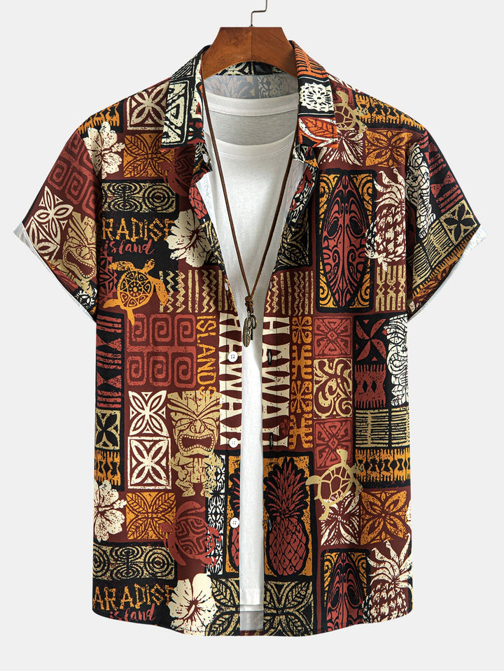 Ananas Etnische Hawaii Print Doorknoop Shirt