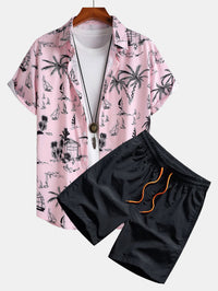 Palmboom Zeilboot Print Doorknoop Shirt & Zwembroek