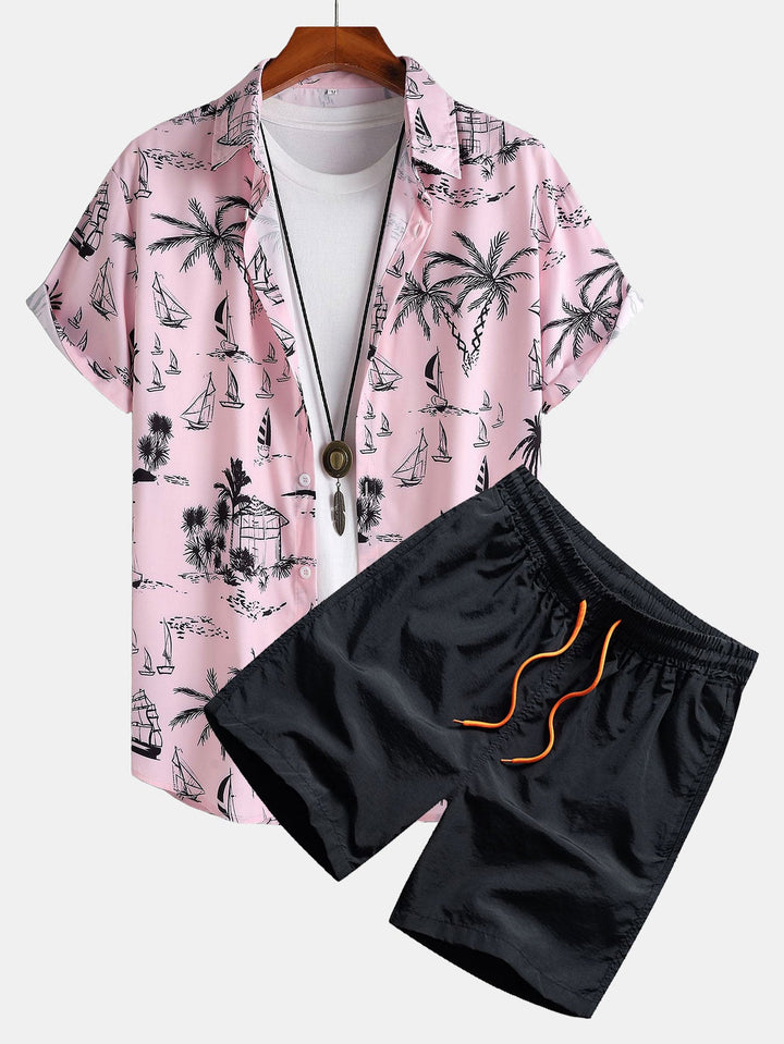 Palmboom Zeilboot Print Doorknoop Shirt & Zwembroek