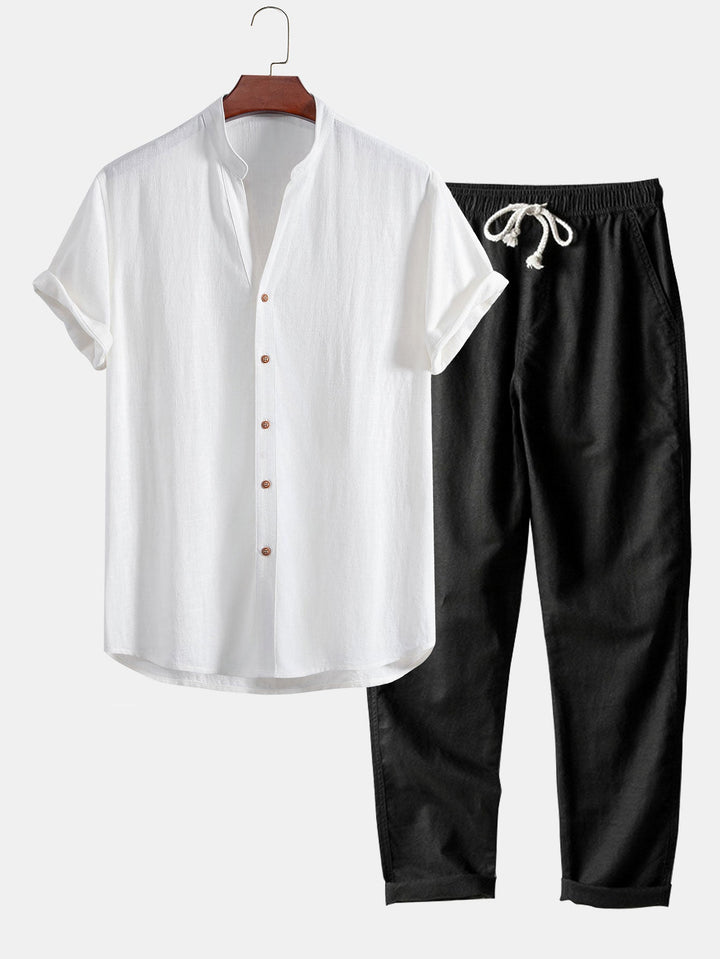 V-hals Linnen Rayon Mix Shirt & Rechte Linnen Broek