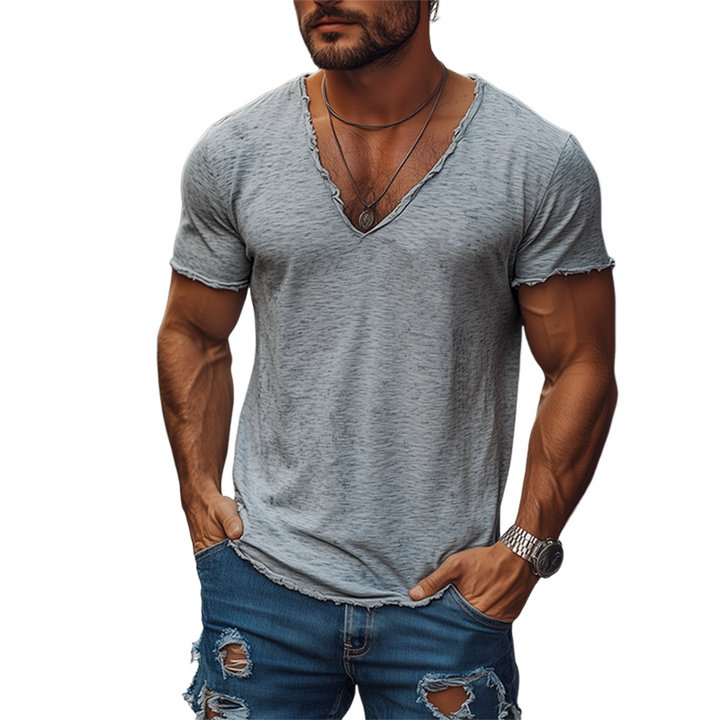 Heren Zomer Casual Gemêleerd Katoenen Gemengd V-Hals Rauwe Rand Korte Mouwen T-shirt MTA0229G9K