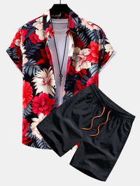 Tropische Bloemen Print Doorknoop Shirt & Zwembroek