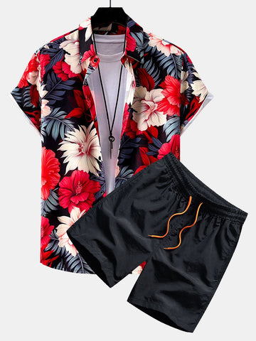 Tropische Bloemen Print Doorknoop Shirt & Zwembroek
