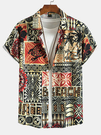 Palmboom Schildpad Etnische Geometrie Print Doorknoop Shirt