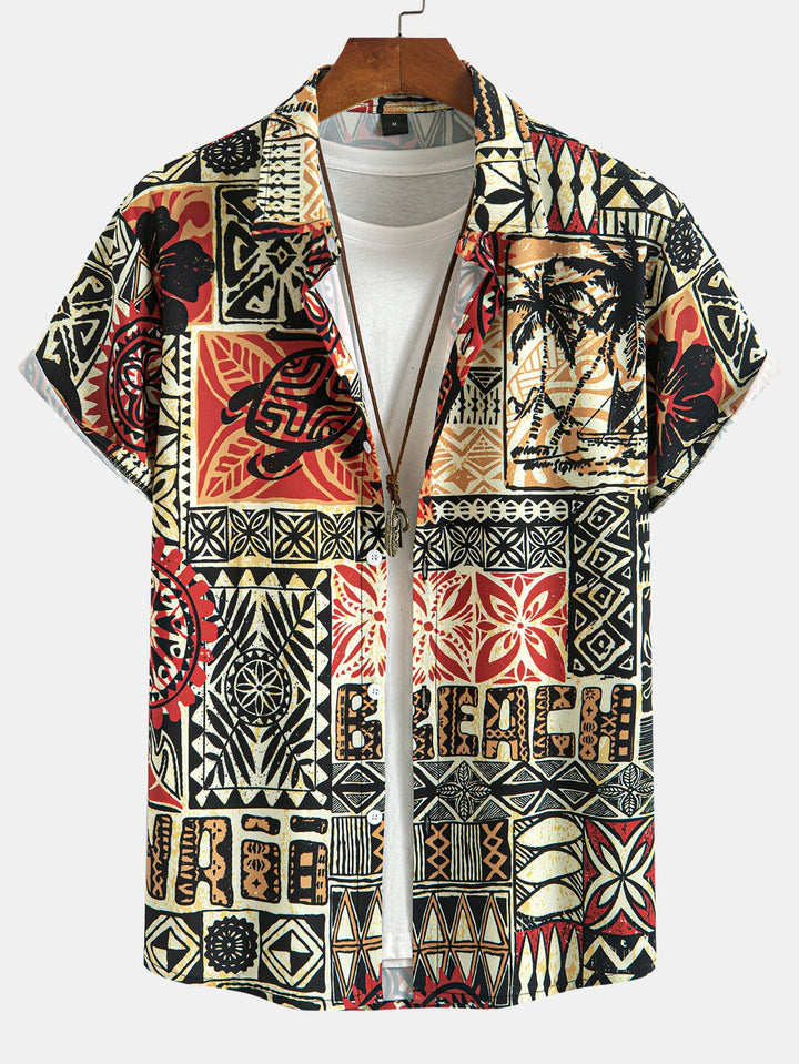 Palmboom Schildpad Etnische Geometrie Print Doorknoop Shirt
