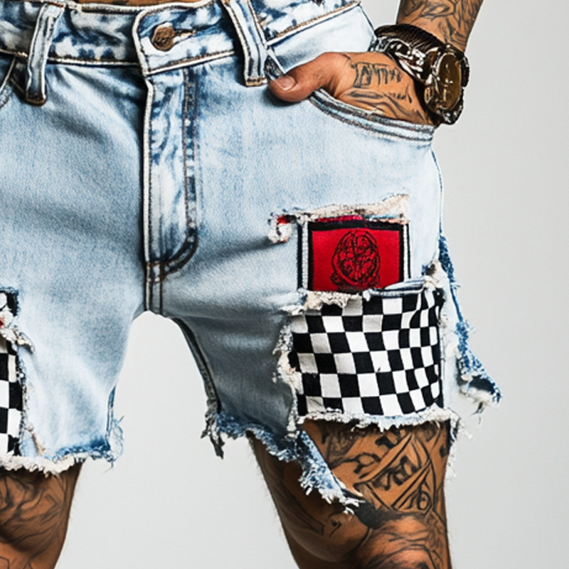 Heren Verscheurde Ruit Denim Shorts MTA1296F1X