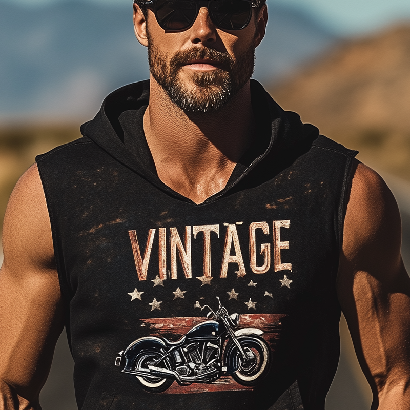 Heren Casual Klassiek Amerikaanse Western Tough Style Motorfiets Rijdende Katoen Gecombineerde Gedrukte Slim Fit Hoodie Tanktop MTA2857E1K