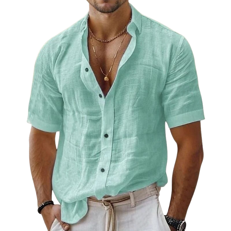 Heren Katoenen en Linnen Korte Mouwen Shirt in Effen Kleur