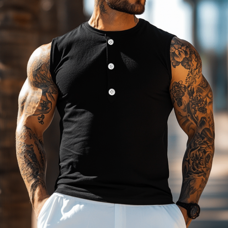 Heren Casual katoenen Henley Kraag Slim Fit Sport Tanktop MTA2620E6M