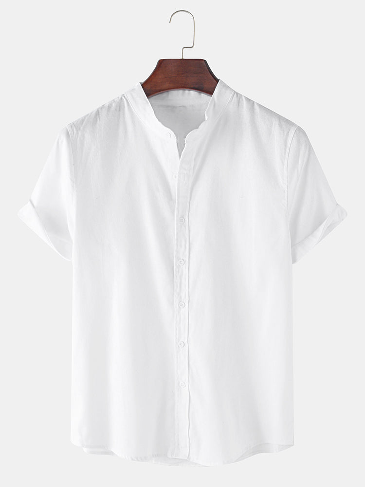 Linnen-look overhemd met korte mouwen en staande kraag en linnen-katoenen korte broek