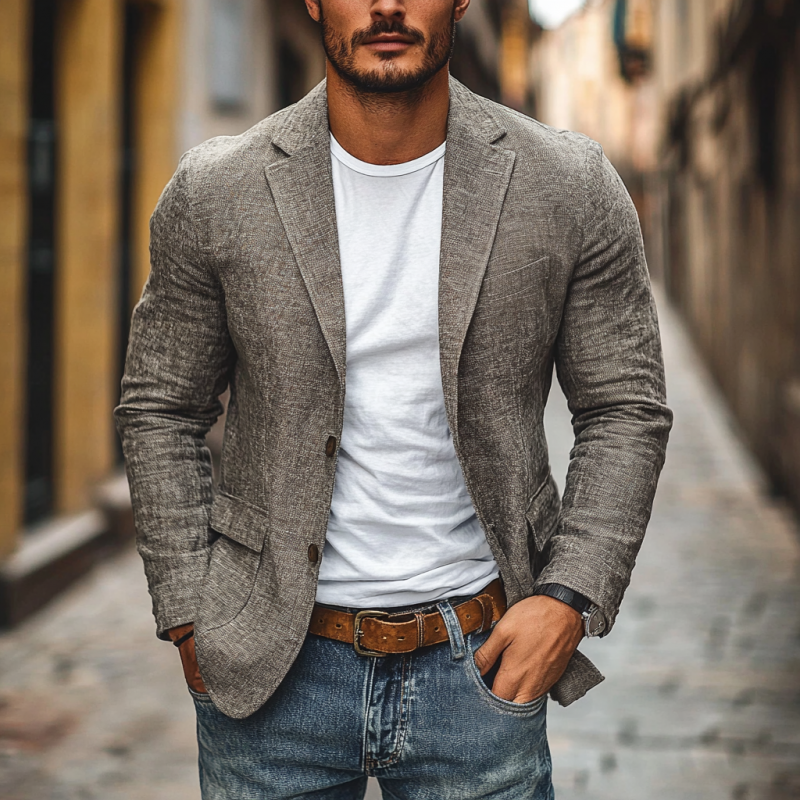【24 uur verzending】 Heren Casual Katoen Linnen Notch Revers Eengestrekte Slank-fit Blazer 34577242M