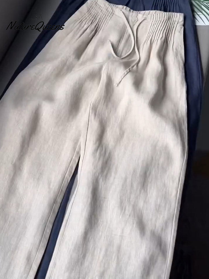 🔥Tijdelijke aanbieding: effen gekleurde plooibroek met trekkoord voor dames, casual broek van katoen en linnen met wijde pijpen