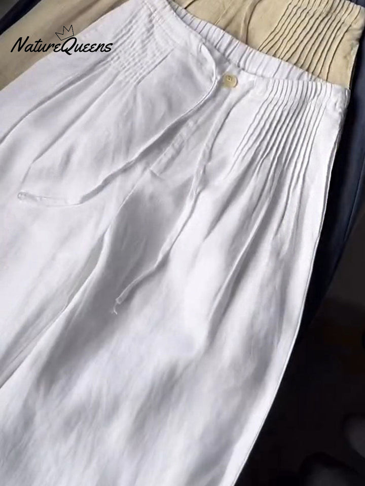 🔥Tijdelijke aanbieding: effen gekleurde plooibroek met trekkoord voor dames, casual broek van katoen en linnen met wijde pijpen