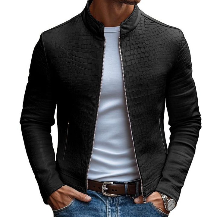 【24-uurs verzending】Herenmode Steenmuster Staande Kraag Rits Slim Fit Leren Jas 45773252M