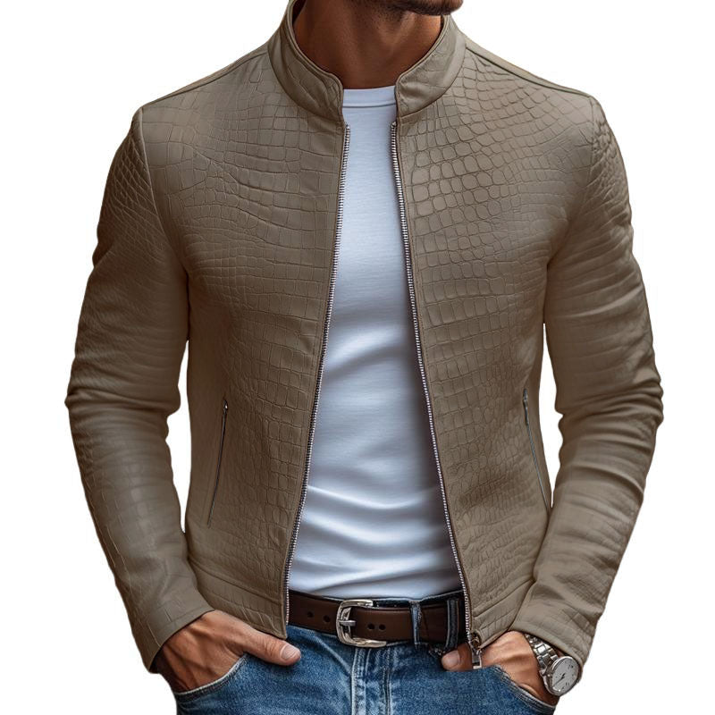 【24-uurs verzending】Herenmode Steenmuster Staande Kraag Rits Slim Fit Leren Jas 45773252M
