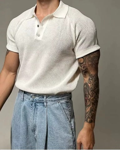Heren Casual Effen Kleur Revers Zachte Slim Fit Gebreide Polo Sweater T-shirt met korte mouwen