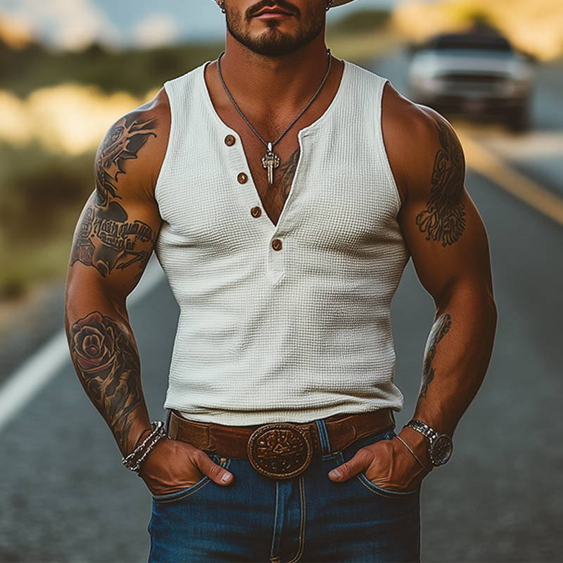 Heren Klassiek Casual Amerikaans Westers Stoer Stijl Wafel Slim Fit Diepe V-hals Tanktop MTA2468E5K