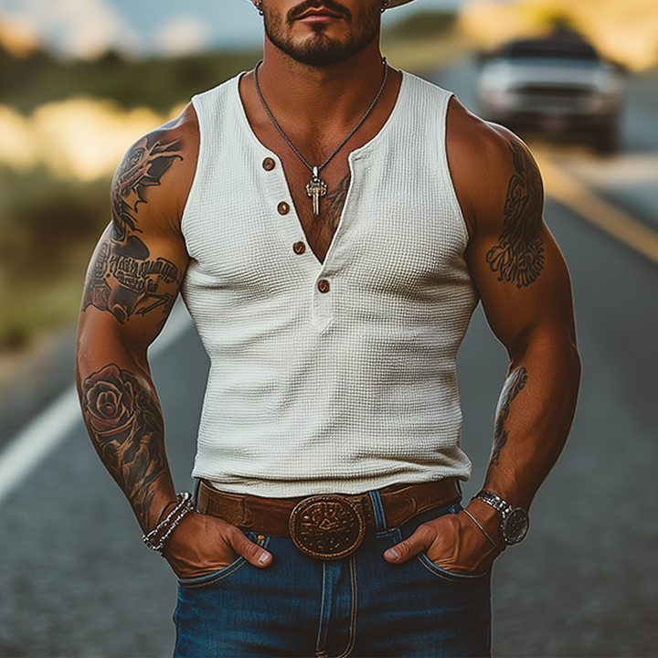 Heren Klassiek Casual Amerikaans Westers Stoer Stijl Wafel Slim Fit Diepe V-hals Tanktop MTA2468E5K