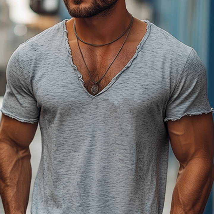 Heren Zomer Casual Gemêleerd Katoenen Gemengd V-Hals Rauwe Rand Korte Mouwen T-shirt MTA0229G9K