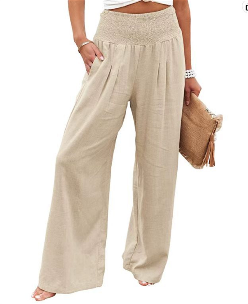 Vrouwen Katoenen en Linnen Elastische Taille Brede Pantalon 