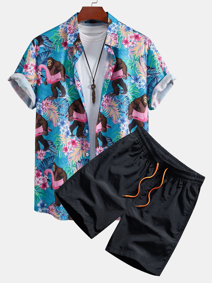 Tropische Planten en Orang-oetan Print Doorknoop Shirt & Zwembroek