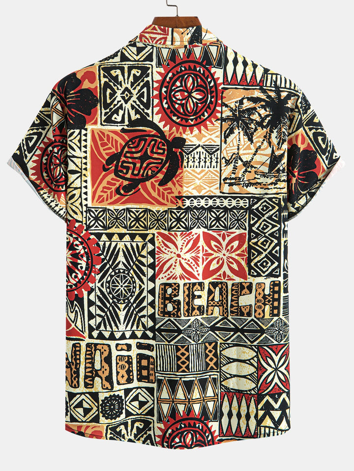 Palmboom Schildpad Etnische Geometrie Print Doorknoop Shirt